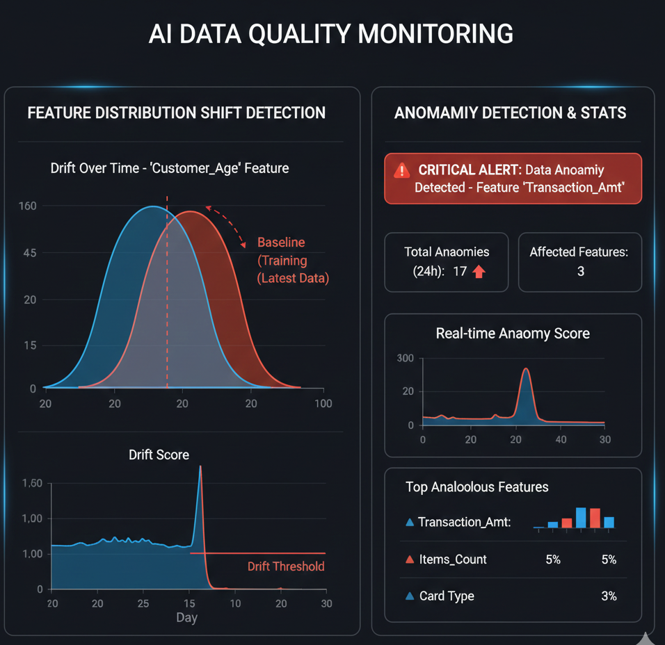 Dashboard showing feature distribution shifts and anomaly detection used to monitor data quality in production AI systems.