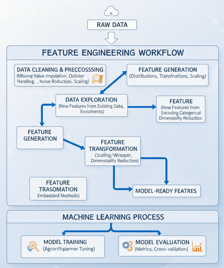 Diagram illustrating the feature engineering workflow from raw data preprocessing to feature transformation and model training.
