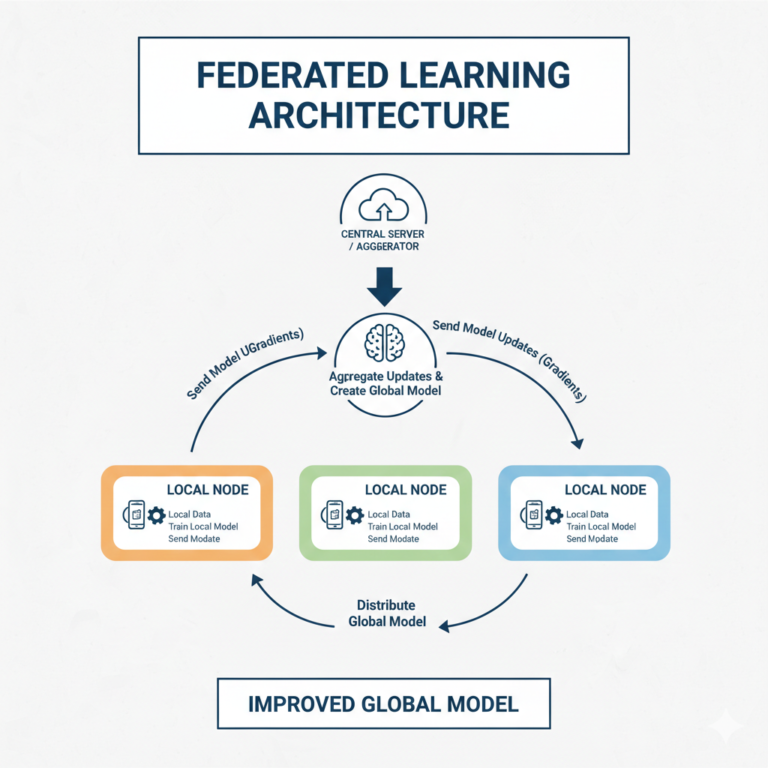 Diagram showing federated learning architecture where multiple local nodes train a model and send updates to a central server for aggregation.